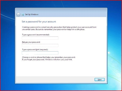 Windows 7 Setup Screen, Set Password